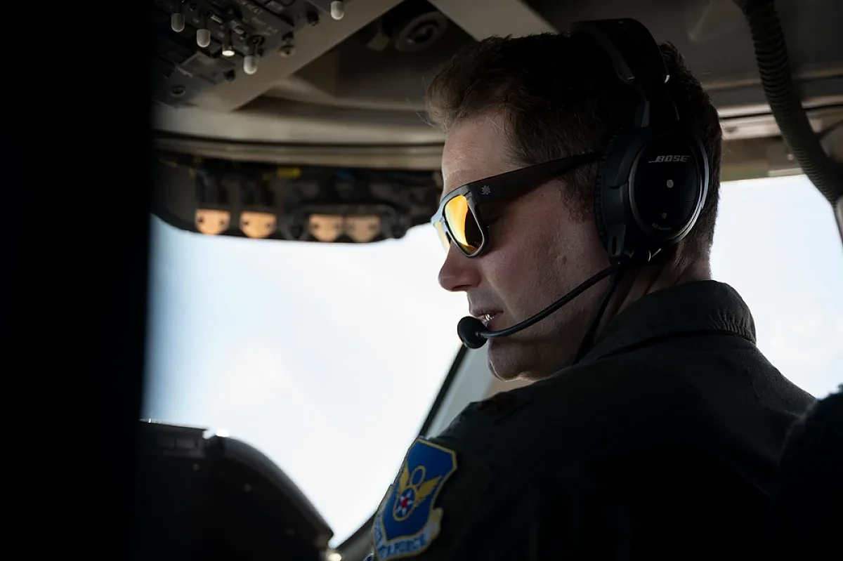 E-4B cockpit with pilot performing flying duties